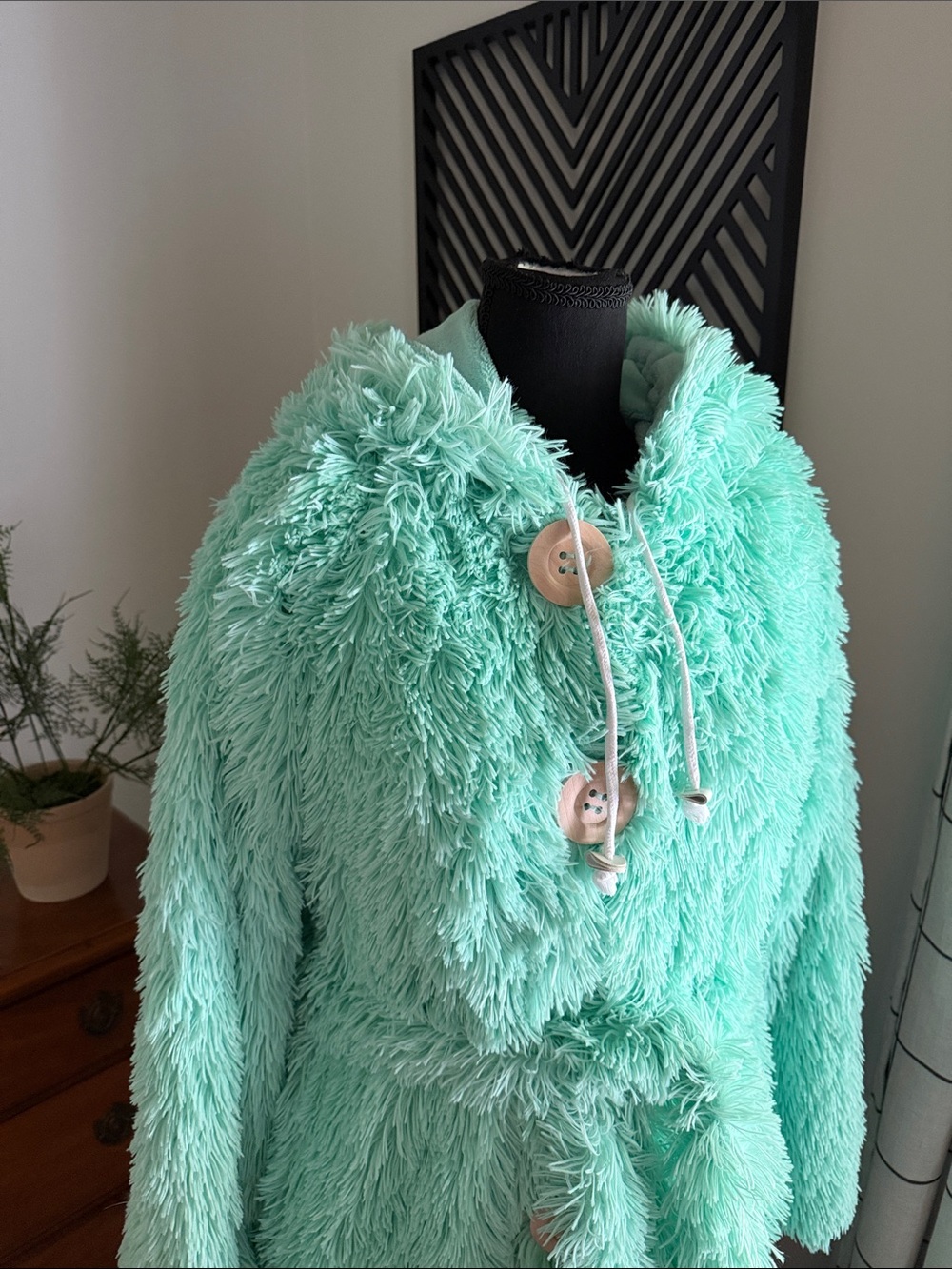 Plush Mint Green Faux Fur Hooded robe with Toggle Buttons medium - Picture 2 of 14